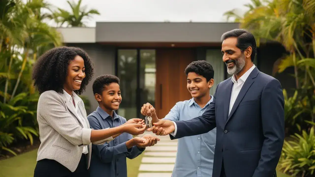 Famille réunionnaise diversifiée recevant les clés de leur nouvelle maison tropicale